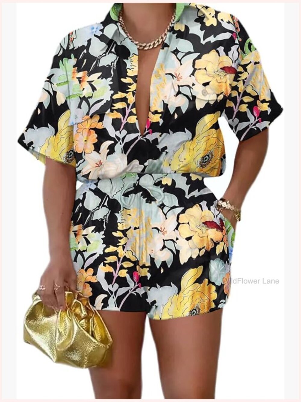 2 Piece Short Sleeve Button Down Shorts Set with Pockets